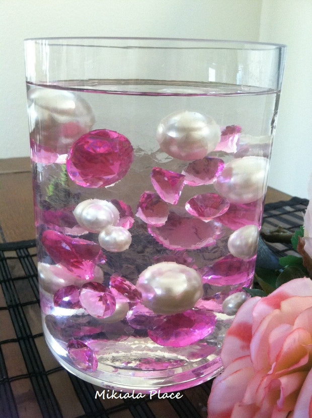 DIY 50pc Floating Jumbo Diamond & Jumbo Pearl Vase Fillers Assorted Size Hot Pink Diamond, Ivory Pearl Mixes