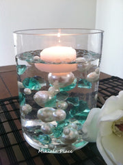 DIY 50pc Floating Jumbo Diamond & Jumbo Pearl Vase Fillers Assorted Size Kelly Green Diamond, Ivory Pearl Mixes