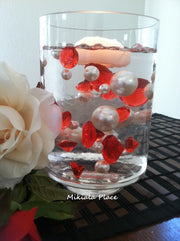 DIY 50pc Floating Jumbo Diamond & Jumbo Pearl Vase Fillers Assorted Size Red Diamond, Ivory Pearl Mixes