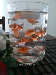 DIY 50pc Floating Jumbo Diamond & Jumbo Pearl Vase Fillers Assorted Size Light Orange Diamond, Ivory Pearl Mixes