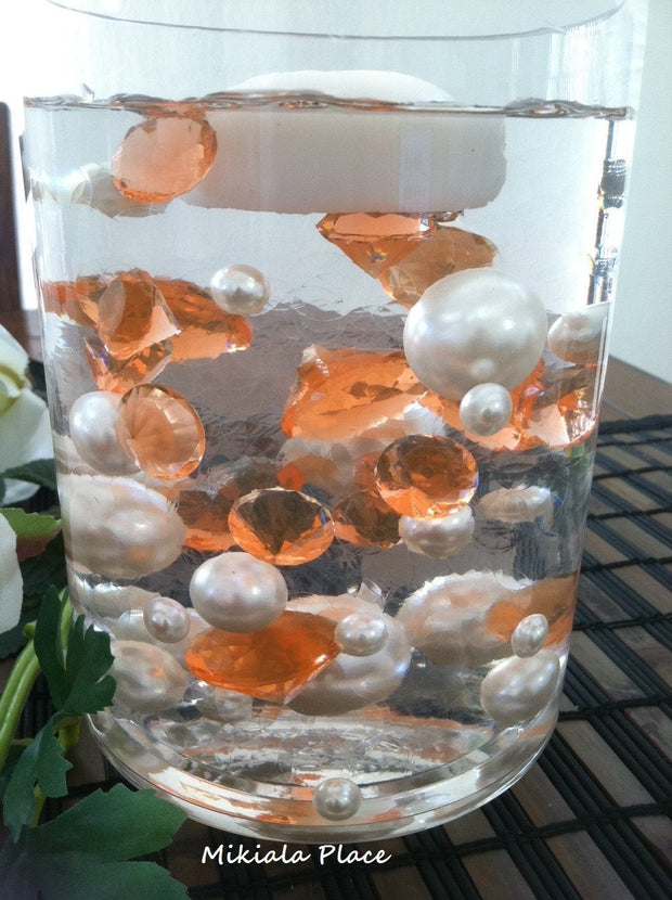 DIY 50pc Floating Jumbo Diamond & Jumbo Pearl Vase Fillers Assorted Size Light Orange Diamond, Ivory Pearl Mixes