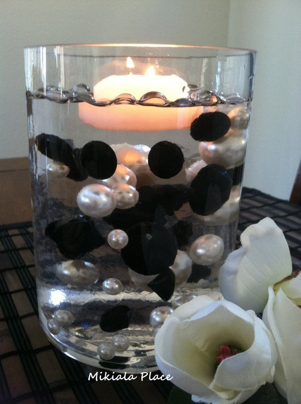 DIY 50pc Floating Jumbo Diamond & Jumbo Pearl Vase Fillers Assorted Size Black Diamond, White Pearl Mixes