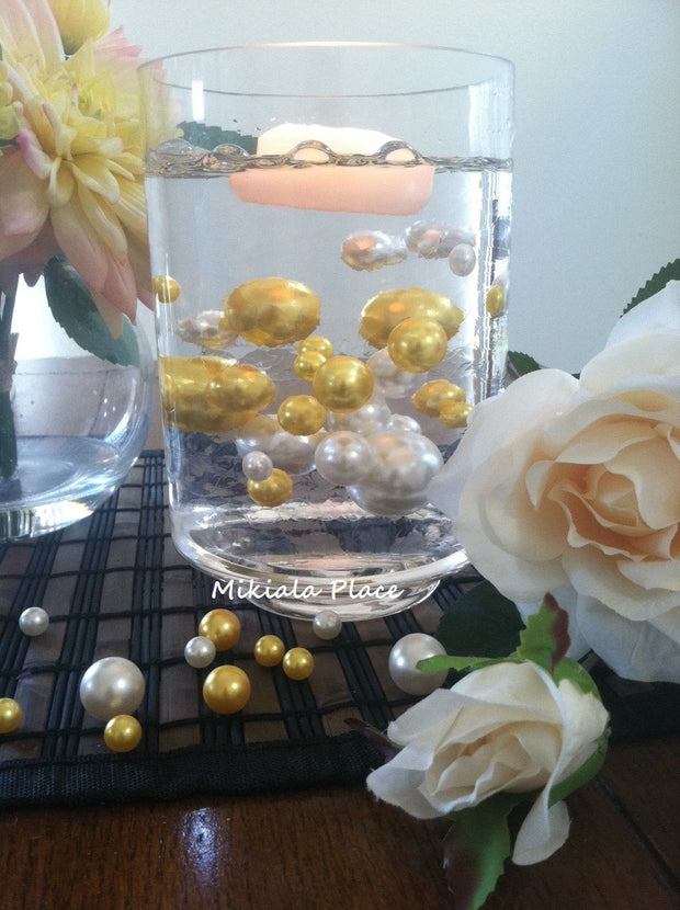Golden Anniversary Elegant Floating Jumbo Pearls Ivory/Gold Yellow Vase Fillers/Wedding Centerpiece, Table Confetti, Scatters