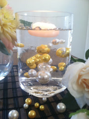 Golden Anniversary Elegant Floating Jumbo Pearls Ivory/Gold Yellow Vase Fillers/Wedding Centerpiece, Table Confetti, Scatters