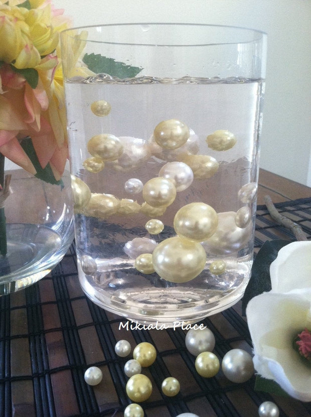 Elegant Floating Jumbo Pearls, Vase Filler Jumbo Pearls Ivory/Light Yellow Mix Size For Wedding, Birthday, Shower Table Decors