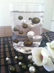 Vase Filler Jumbo Pearls Ivory/Sage-Olive Green Assorted Sizes 30mm,24mm, 18mm, 14mm, 10mm For Wedding/Table Decor
