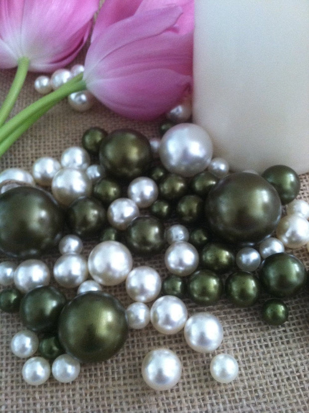 Vase Filler Jumbo Pearls Ivory/Sage-Olive Green Assorted Sizes 30mm,24mm, 18mm, 14mm, 10mm For Wedding/Table Decor