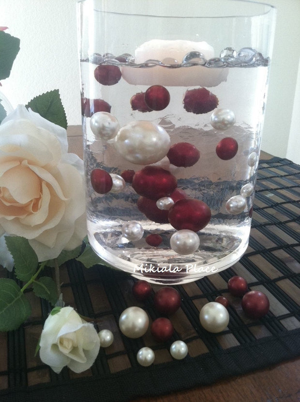 Vase Filler Jumbo Pearls Ivory/Marsela-Cranberry Assorted Sizes 30mm,24mm, 18mm, 14mm, 10mm For Wedding/Table Decor