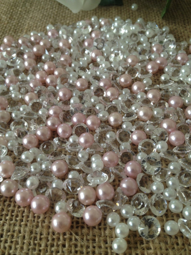 500pcs Diamonds & Pearl Mix White/Light Pink Pearl, Clear Diamonds For Candle Votive Fillers, Table Scatter/Confetti and wedding decors