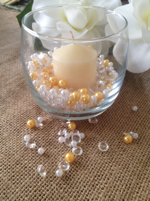 500 Pcs Pearls & Diamond Mixes Ivory/Gold Pearl, Clear Diamonds For Candle Votive Fillers, Table Scatter/Confetti and wedding decors