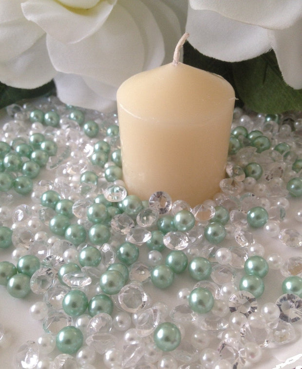 500 Pcs Pearls & Diamond Mixes Seafoam Green/White, Clear Diamonds For Candle Votive Fillers, Table Scatter/Confetti and wedding decors