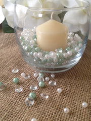 Diamonds & Pearl Fillers Perfect for Votive Candles, Wine Glass, Small Vase, Table Scatters - 500pcs mix White/Seafoam Pearls and diamonds