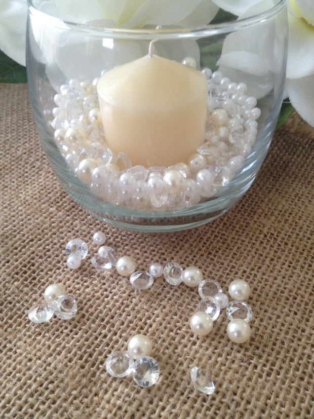 Votive Candle/Wine Glass Fillers Pearls & Diamond Mixes Ivory/White, Clear Diamonds, Perfect for table scatters, small vase filler