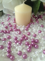 500 Pcs Diamonds & Pearl Mix Orchid Purple/White Pearl, Clear Diamonds For Candle Votive Fillers/Scatter Decors
