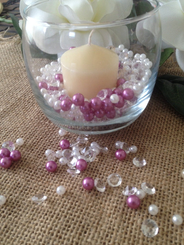 500 Pcs Diamonds & Pearl Mix Orchid Purple/White Pearl, Clear Diamonds For Candle Votive Fillers/Scatter Decors