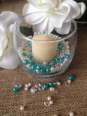 Pearls And Diamond Candle Votive/Wine Glass Fillers Turquoise Green/Ivory Pearl, Clear Diamonds