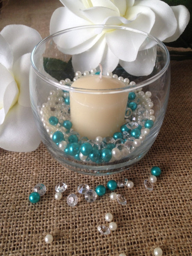 Diamonds & Pearl Mix Turquoise Green/Ivory Pearl, Clear Diamonds For Candle Votive Fillers, Table Scatter/Confetti and wedding decors