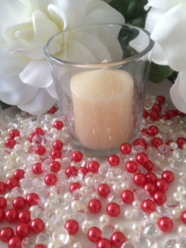 Diamonds & Pearl Mix Red/White Pearl, Clear Diamonds For Candle Votive Fillers, Table Scatters/Confetti and wedding decors
