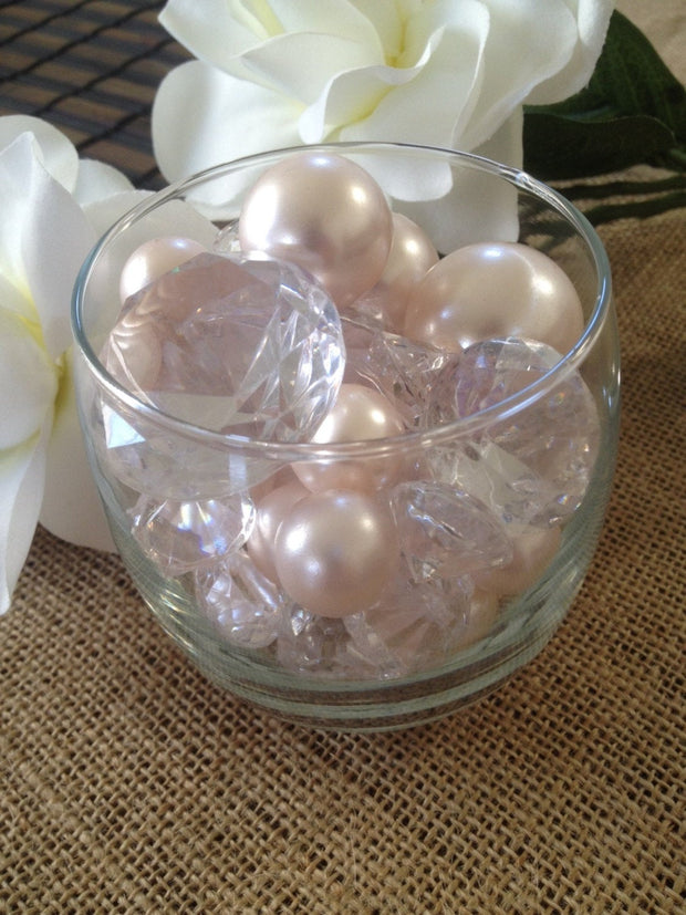 Blush Pink Pearls And Jumbo Diamond Mix For Table Scatters, Vase Fillers Decors For Wedding And Home Accent