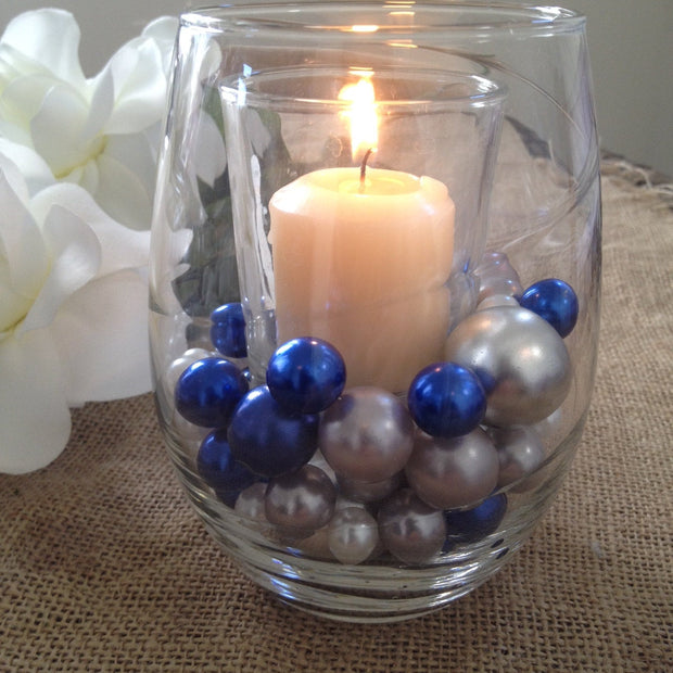 Vase Filler Pearl Royal Blue-Silver-White Mix Colors/Size-80pc For DIY Table Scatters/Floating Pearl Centerpiece