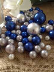 Vase Filler Pearl Royal Blue-Silver-White Mix Colors/Size-80pc For DIY Table Scatters/Floating Pearl Centerpiece