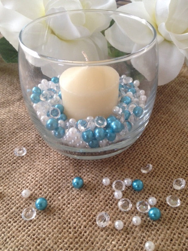 500 Pcs Pearls & Diamond Mixes White/Teal Blue Pearl, Clear Diamonds For Candle Votive Fillers, Table Scatter/Confetti and wedding decors