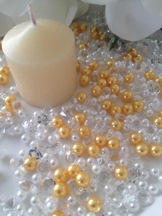 Diamonds & Pearl Mix White/Gold Pearl, Clear Diamonds For Candle Votive/Wine Glass Fillers, Table Scatter/Confetti and wedding decors