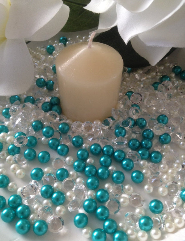 Diamonds & Pearl Mix Turquoise Green/Ivory Pearl, Clear Diamonds For Candle Votive Fillers, Table Scatter/Confetti and wedding decors