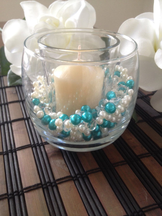 Pearls And Diamond Candle Votive/Wine Glass Fillers Turquoise Green/Ivory Pearl, Clear Diamonds