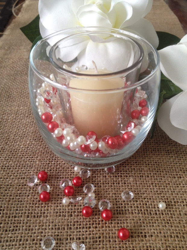 Diamonds & Pearl Mix Red/White Pearl, Clear Diamonds For Candle Votive Fillers, Table Scatters/Confetti and wedding decors