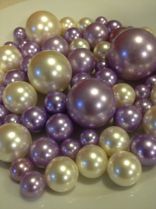 Lavendar And Ivory Pearls, Vase Filler Pearls, DIY Floating Pearl Centerpiece, Table Scatters And Confetti, Jumbo Mix Size Pearls