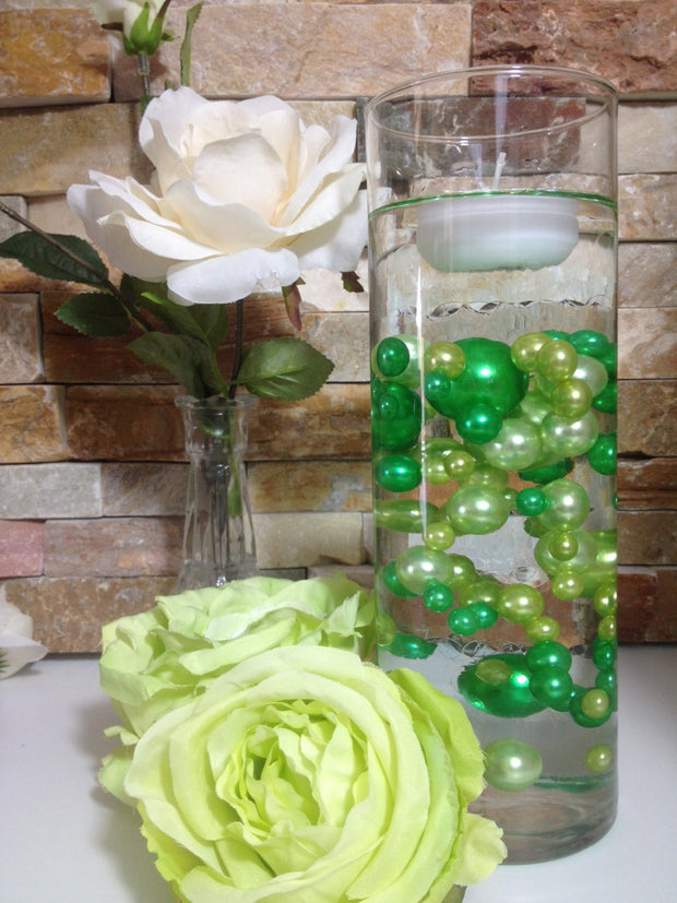 Floating Pearl Centerpiece Vase Filler Lime/Green Pearls 80 Jumbo & Mix Size Pearls, No Hole Pearls