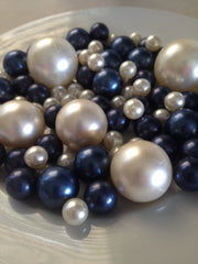 Navy Blue And Ivory Pearls, Decorative Jumbo No Hole Pearls, Vase Fillers Table Scatters, Floating Pearl Centerpiece