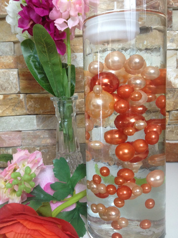 Peach And Coral Orange Vase Filler Pearls, DIY Floating Pearl Centerpiece, Table Scatters And Confetti, Jumbo Mix Size Pearls