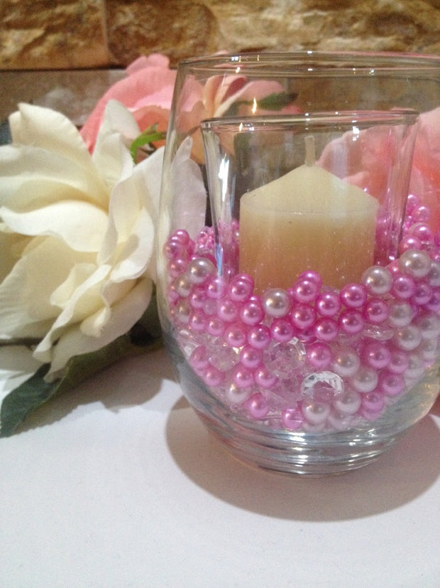 Diamonds And Pearls Table Scatter, Blush Pink & Pink Pearls, Clear Diamond Table Confetti, Vase Filler Pearls For Candles, Wine glass