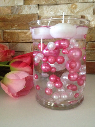Vase Filler Pearls For Floating Pearl Centerpiece, Pink/White Pearls 80 Jumbo & Mix Size Pearls, No Hole Pearls