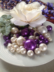 Purple And Ivory Pearls, Vase Filler Pearls, DIY Floating Pearl Centerpiece, Table Scatters And Confetti, Jumbo Mix Size Pearls
