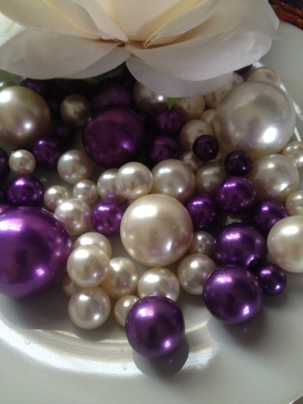 Purple And Ivory Pearls, Vase Filler Pearls, DIY Floating Pearl Centerpiece, Table Scatters And Confetti, Jumbo Mix Size Pearls
