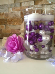 Vase Filler Pearls For Floating Pearl Centerpiece, Purple/White Pearls 80 Jumbo & Mix Size Pearls, No Hole Pearls