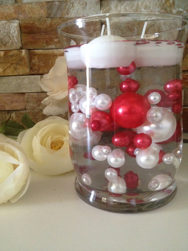 DIY Floating Pearl Centerpiece Vase Filler Pearls Red/White Pearls 80 Jumbo & Mix Size Pearls, No Hole Pearls