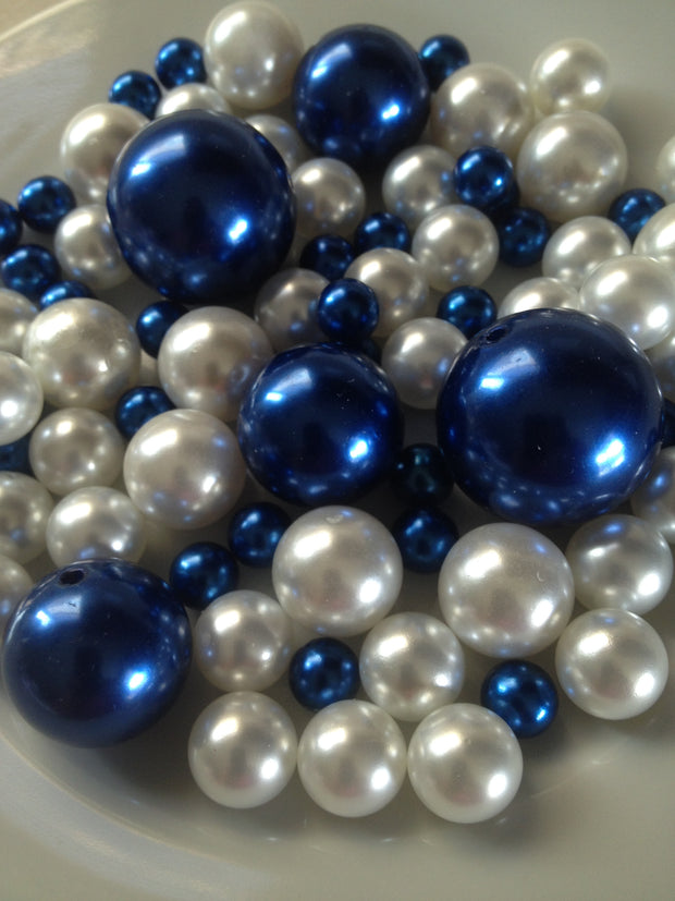 Royal Blue And White Pearls, Vase Filler Pearls, DIY Floating Pearl Centerpiece, Table Scatters And Confetti, Jumbo Mix Size Pearls