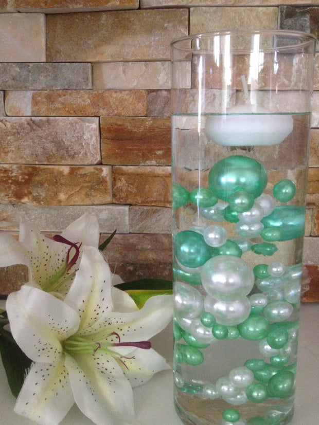 80 Seafoam Green/White Pearls, Jumbo & Mix Size Pearls, No Hole Pearls For Vase Fillers, Crafts, DIY Floating Pearls