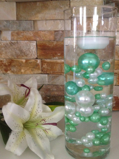 80 Seafoam Green/White Pearls, Jumbo & Mix Size Pearls, No Hole Pearls For Vase Fillers, Crafts, DIY Floating Pearls