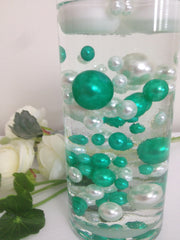 Vase Filler Pearls For Floating Pearl Centerpiece, Shamrock Green/White Pearls 80 Jumbo & Mix Size Pearls, No Hole Pearls