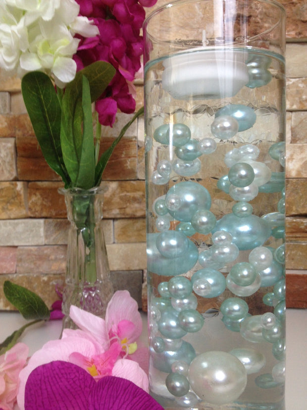 DIY Floating Pearl Centerpiece Vase Filler Pearls Light Blue/White Pearls 80 Jumbo & Mix Size Pearls, No Hole Pearls