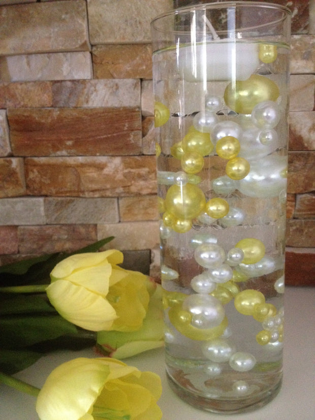80 Yellow/White Pearls, Jumbo & Mix Size Pearls, No Hole Pearls For Vase Fillers, Crafts, DIY Floating Pearls